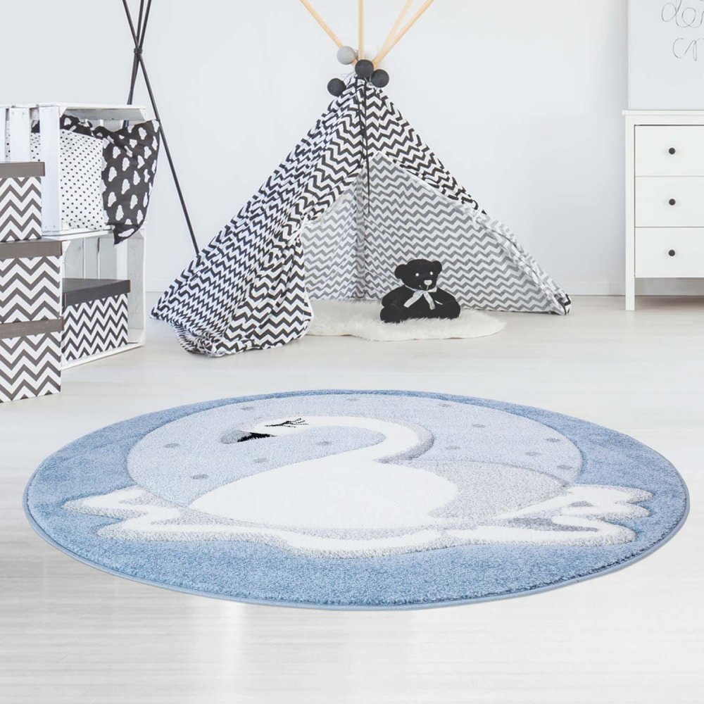 Krásný modrý kulatý koberec bílá labuť Šířka: 120 cm