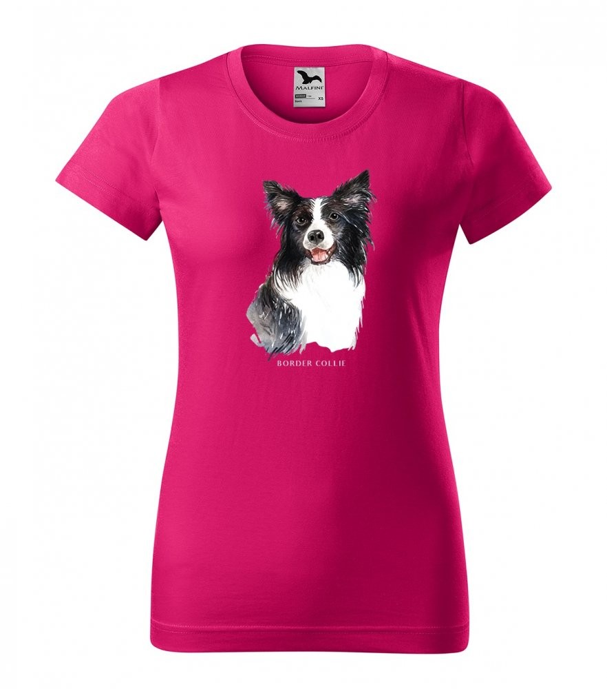 Dámské bavlněné tričko s módním potiskem psa border kolie Ružová XS