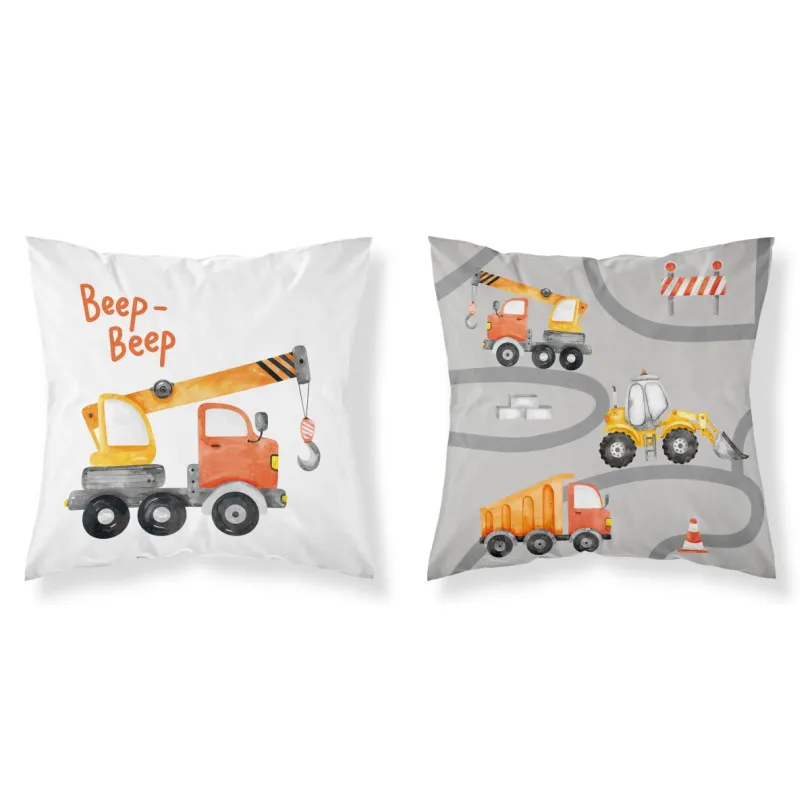 Față de pernă din bumbac pentru copii cu mașini de construit - cu două fețe Latime: 40 cm | Lungime: 40 cm