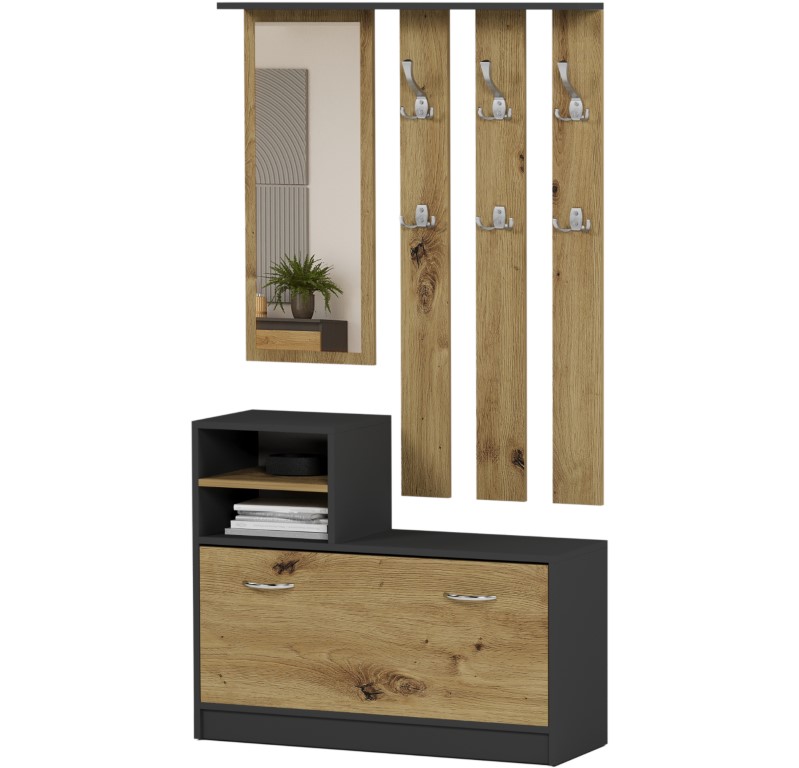 Dulap de hol practic cu oglindă și suport pentru pantofi 90 x 160 cm artisan mix antracit