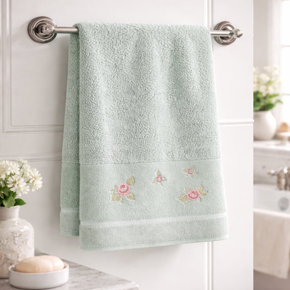 BavlnenýuterákvzelenejfarbesvelúrovýmlemomakvetinovouvýšivkouŠírka:70cm|Dĺžka:140cm