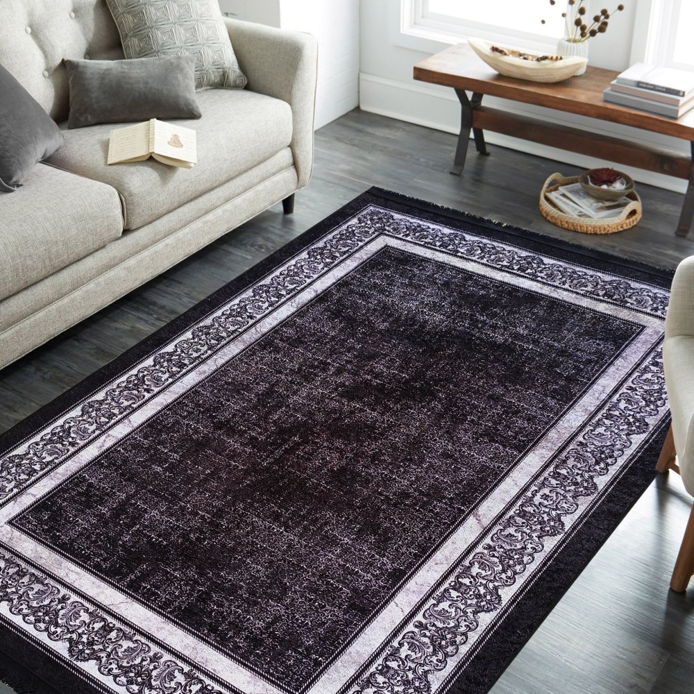 Covor negru elegant cu margine ornamentală Lăţime: 120 cm | Lungime: 180 cm