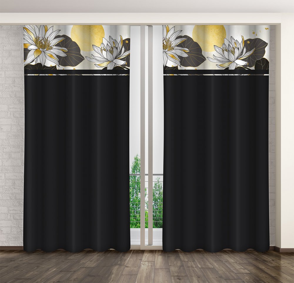 Klasický černý závěs s potiskem lotosových květů Šířka: 160 cm | Délka: 270 cm