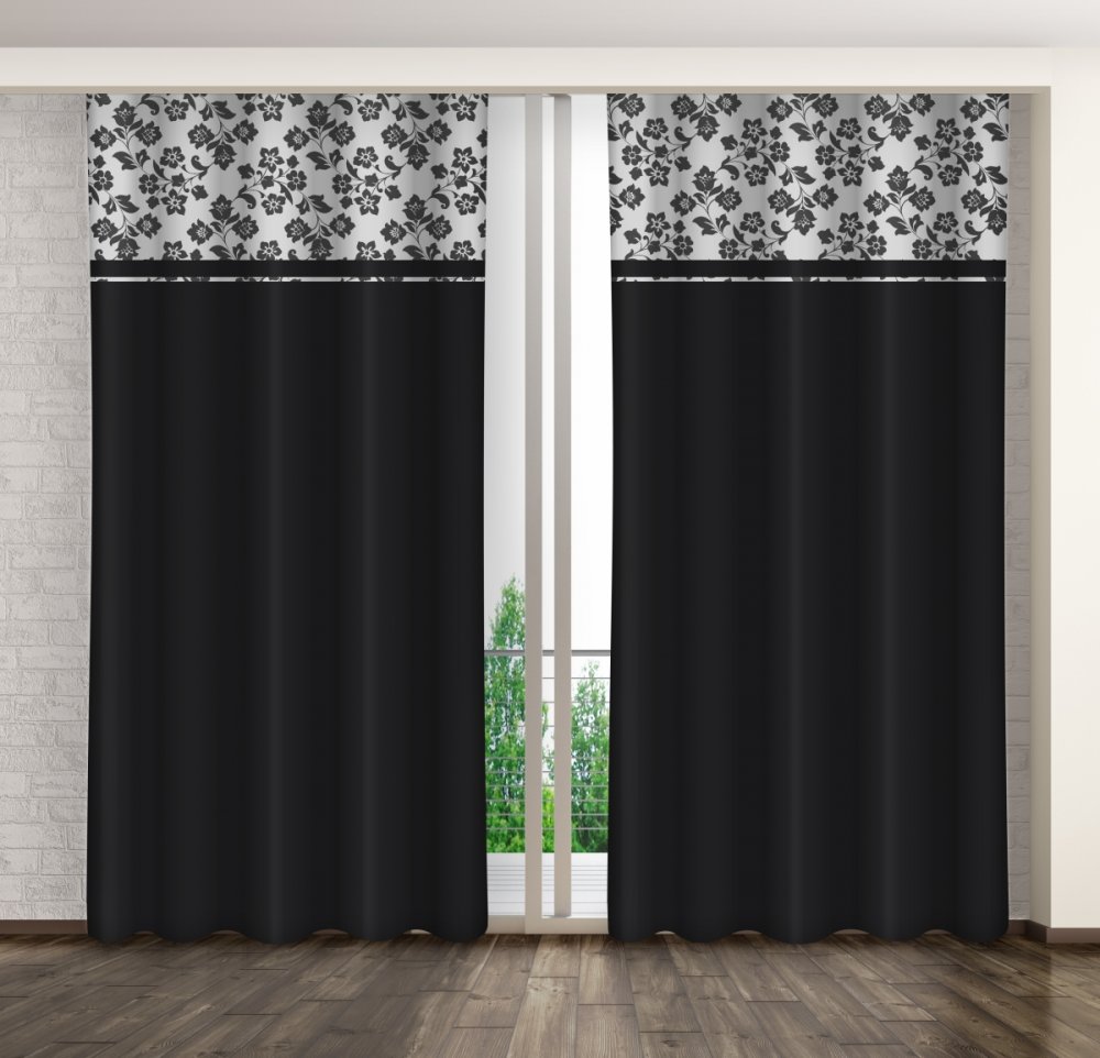 Fekete dekoratív függöny grafit virágmintával Szélesség: 160 cm | Hossz: 270 cm