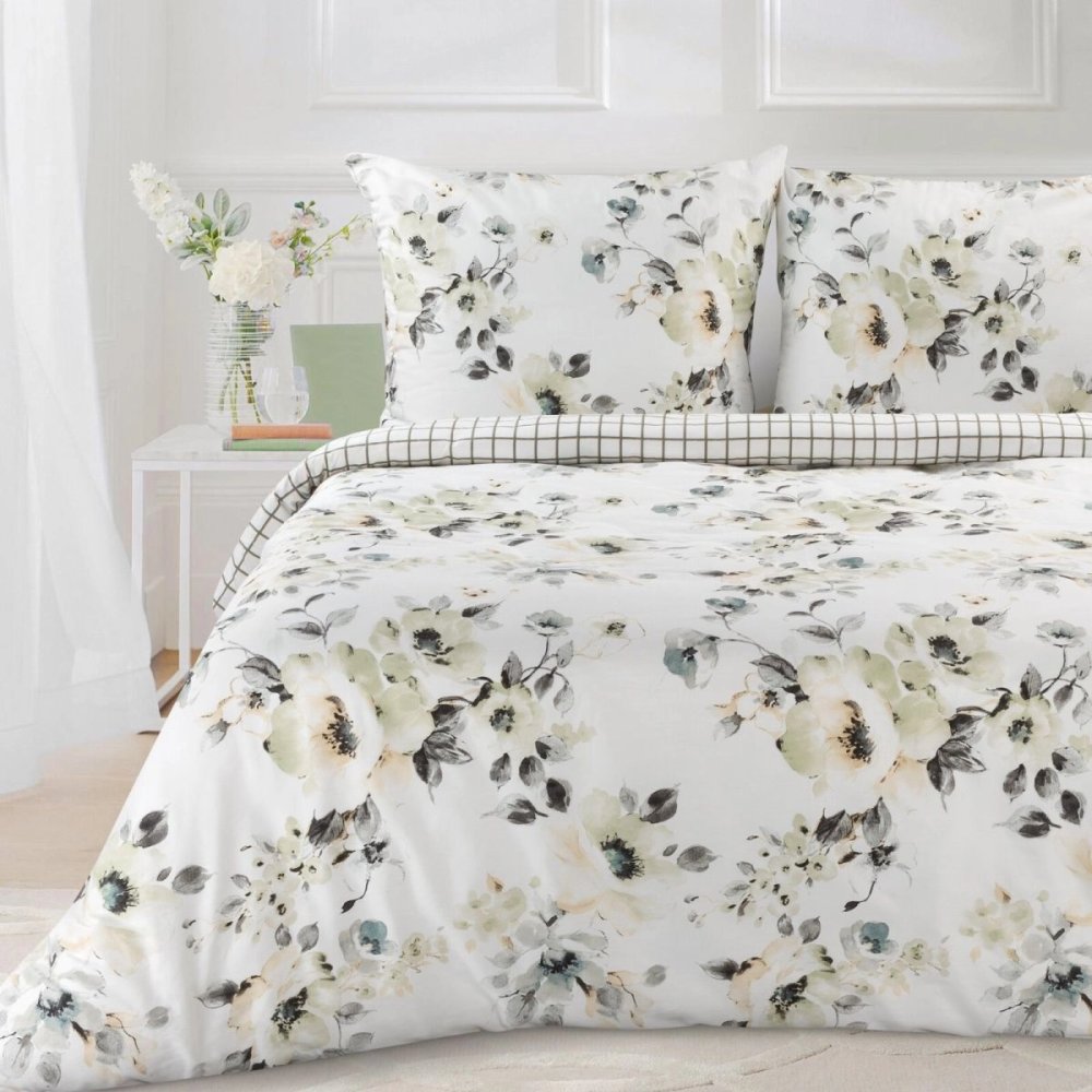 Cearșafuri reversibile din bumbac sateen - alb cu imprimeu floral 3 părți: 1 buc 160x200 + 2 buc 70x80