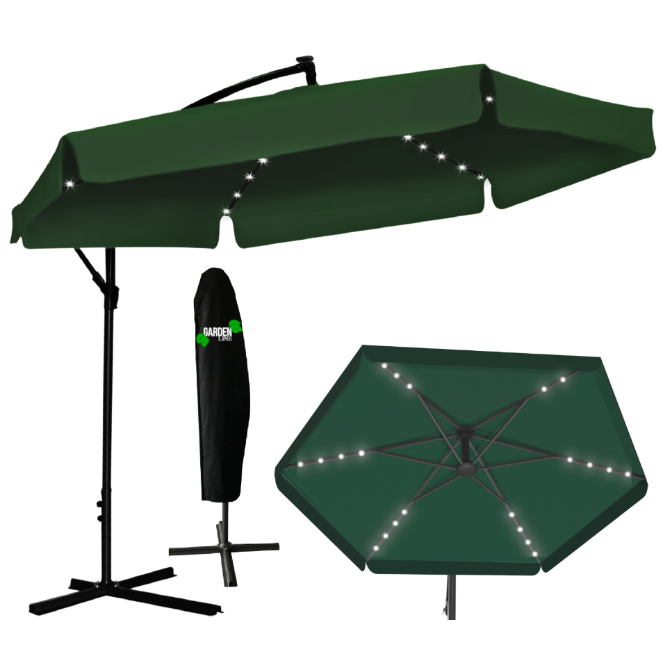Umbrelă de grădină verde cu suport și iluminare LED