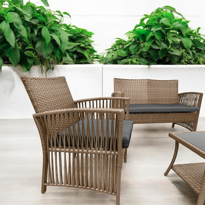 Set de grădină NM-02 fabricat din technoratan de înaltă calitate - natural + perne gri