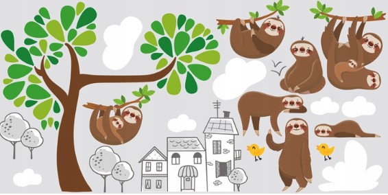 Autocolant de perete mare pentru copii Sloth Family 100 x 200 cm