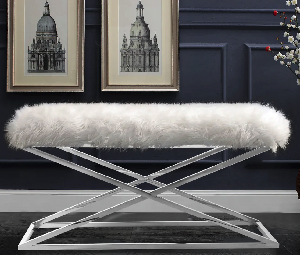 Bancă tapițată de lux cu tapițerie din blană și construcție cromată - stil scandinav elegant