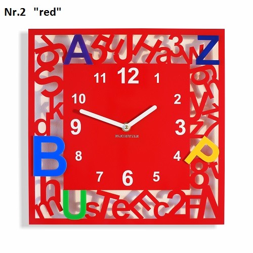 Čtvercové dětské hodiny s písmenky Červená