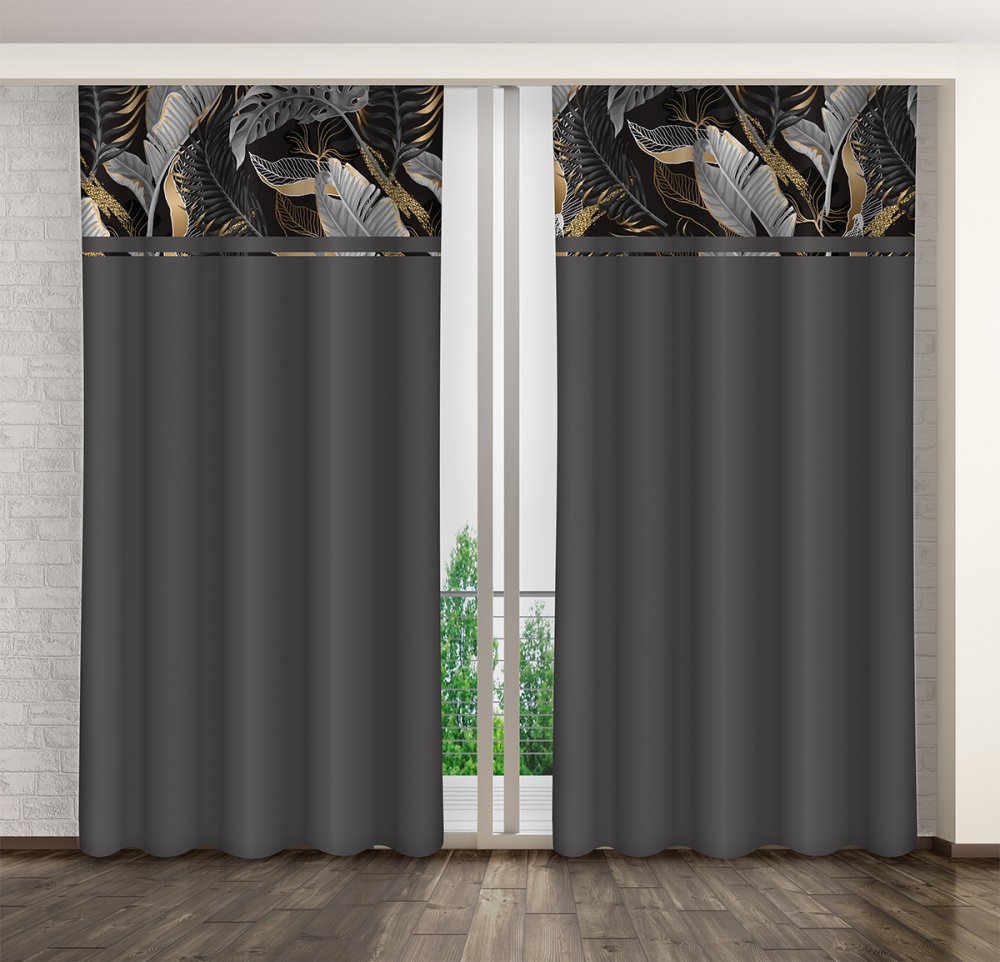 Jednoduchý tmavě šedý závěs s potiskem šedých a zlatých listů Šířka: 160 cm | Délka: 250 cm