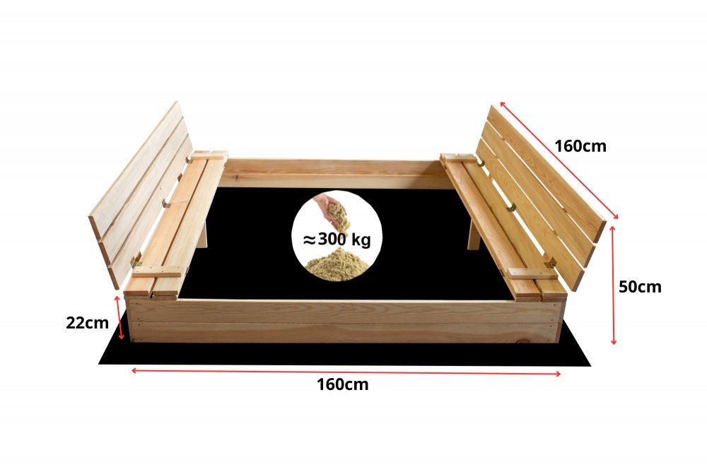 Groapă de nisip din lemn pentru copii cu bănci 160 x 160 cm - cu închidere