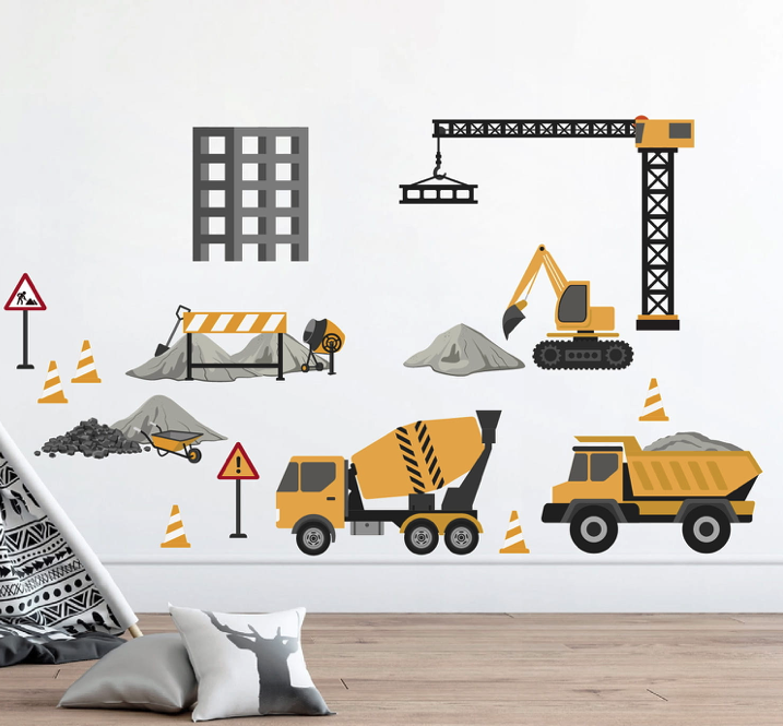 Autocolant de perete pentru camera copiilor - mașini de construcții