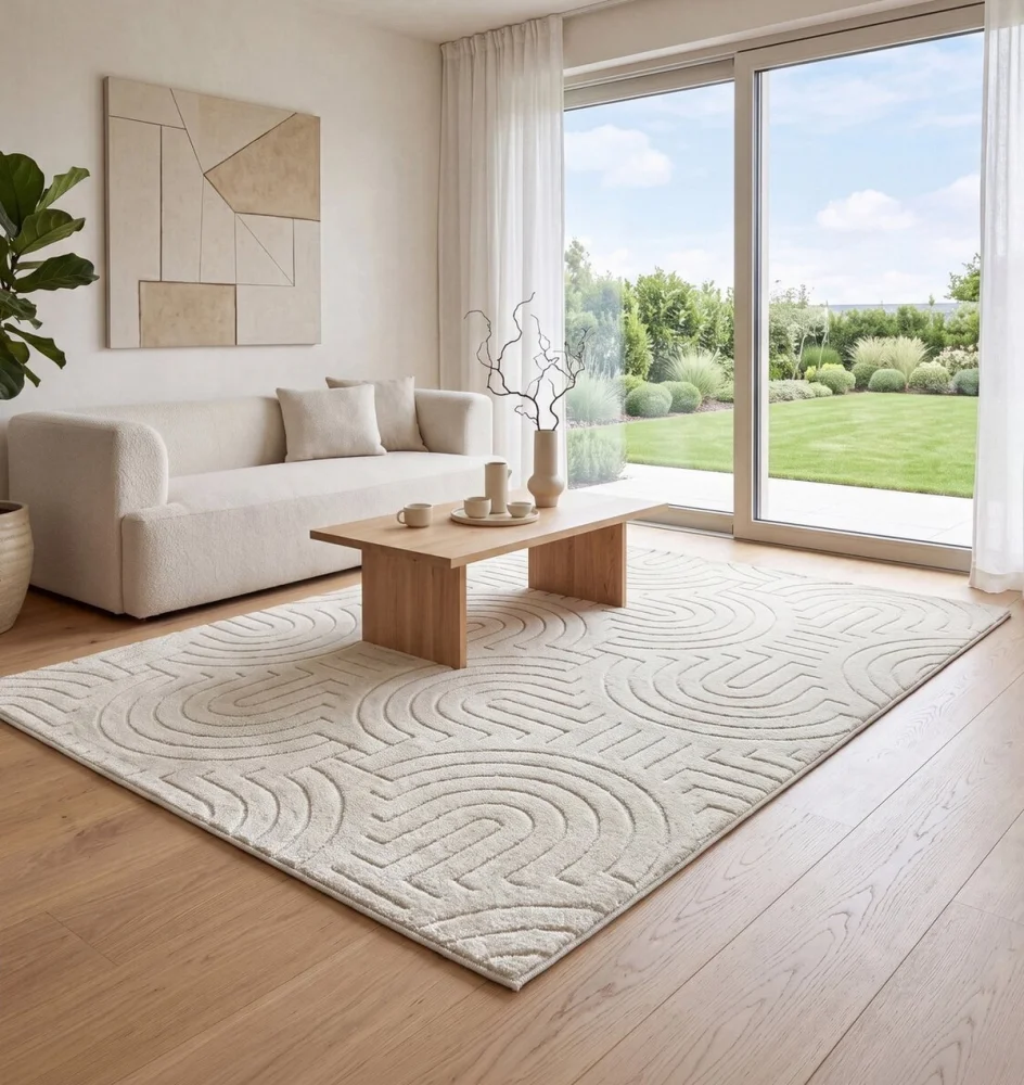 DFH57-2: un covor modern, de culoare crem, cu un motiv geometric în relief Lăţime: 50 cm | Lungime: 80 cm