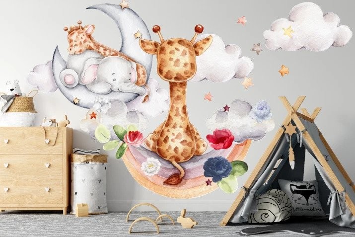 Nálepka na zeď se slůníkem a žirafou v oblacích 80 x 160 cm