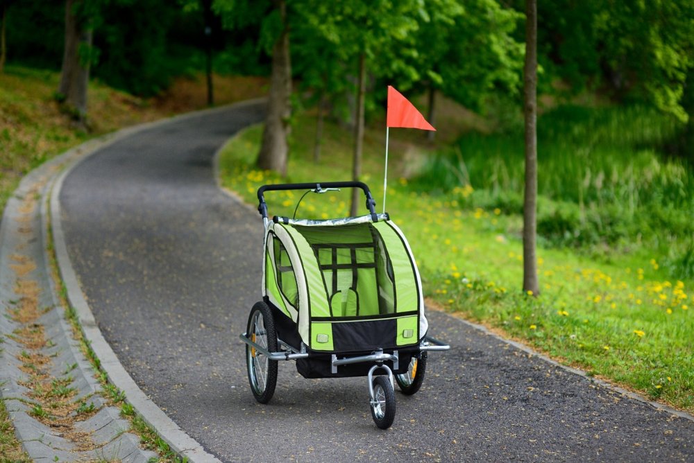 Remorcă pentru biciclete cu 2 locuri cu amortizor + JOGGER verde