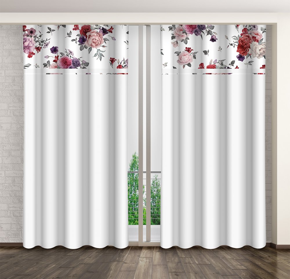 Egyszerű fehér függöny bazsarózsa mintával Szélesség: 160 cm | Hossz: 270 cm