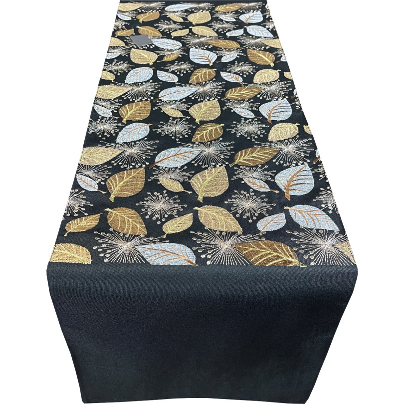 Traversă decorativă neagră cu frunze aurii Lățime: 35 cm | Lungime: 140 cm