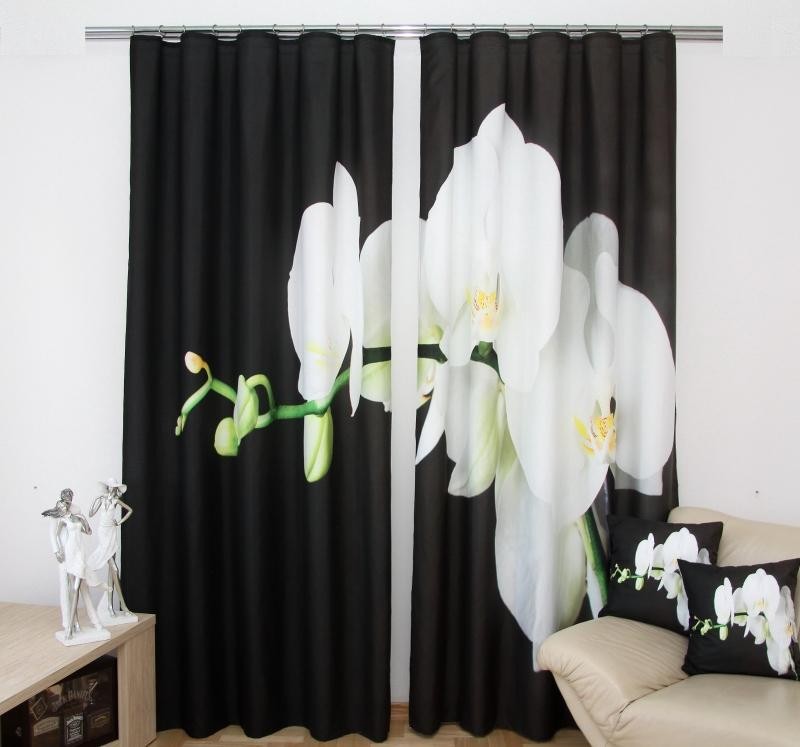Hotový závěs černý s bílou orchidejí Šířka: 160 cm | Délka: 250 cm (v sadě jsou 2 kusy)
