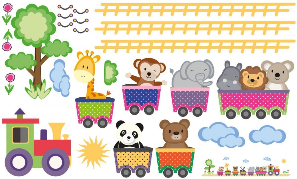 Autocolant de perete cu animale exotice într-un tren 138 x 30 cm