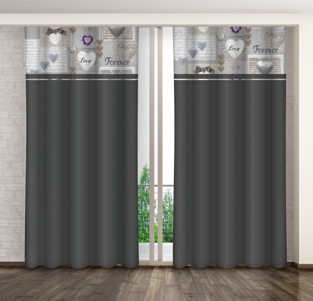 Sötétszürke dekoratív függöny nyomtatott szívekkel Szélesség: 160 cm | Hossz: 250 cm