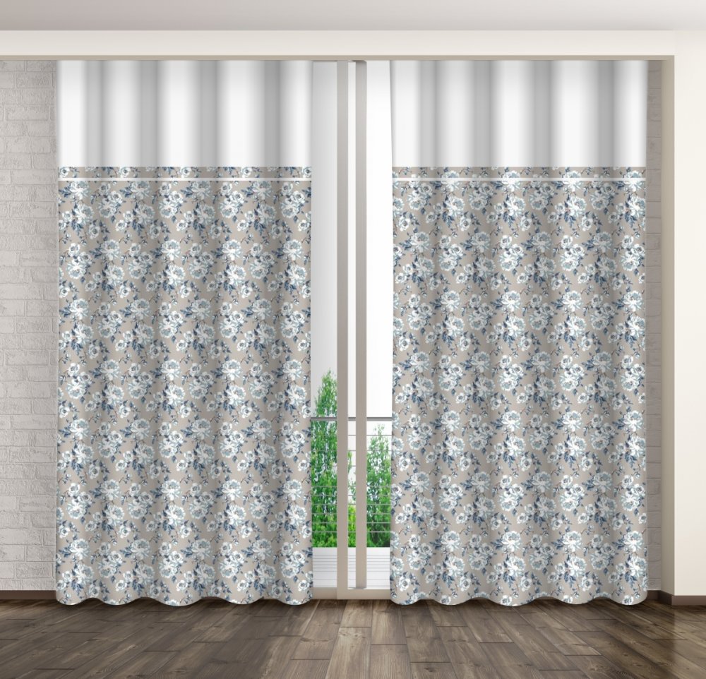 Bézs színű függöny kék virágmintával és fehér szegéllyel Szélesség: 160 cm | Hossz: 250 cm