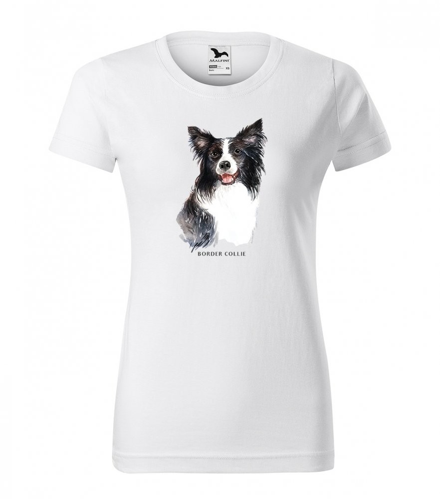 Dámské bavlněné tričko s módním potiskem psa border kolie Bílá XL