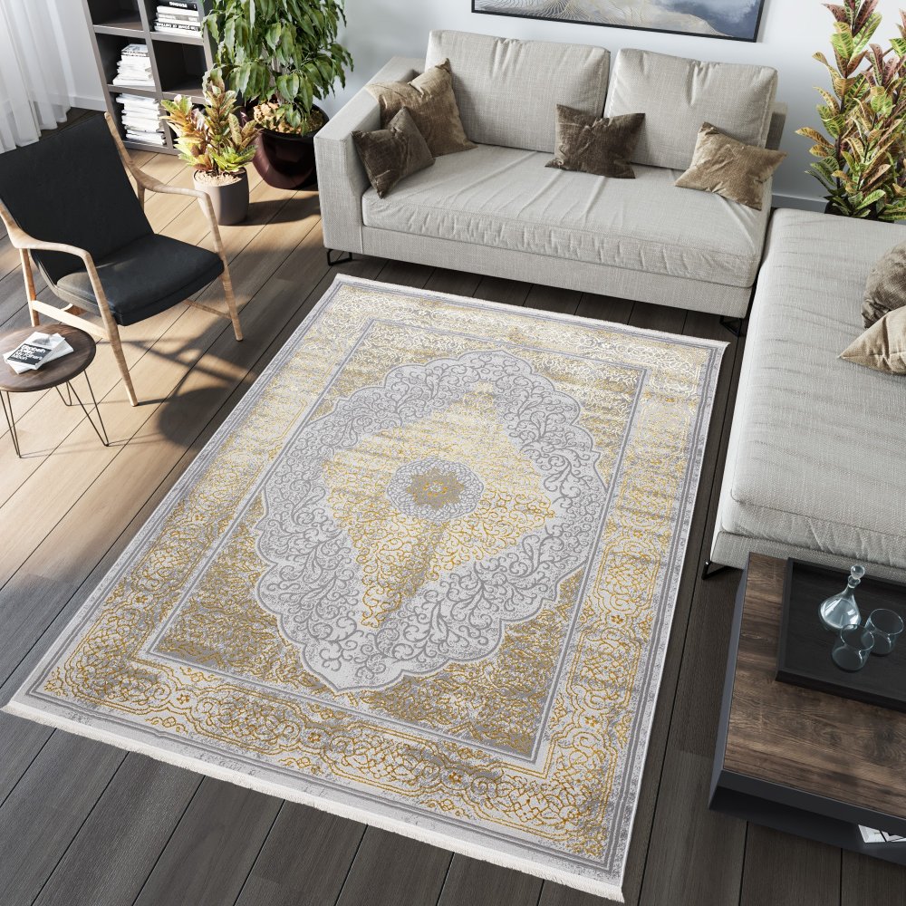 Exkluzivní moderní šedý koberec se zlatým orientálním vzorem Šířka: 80 cm | Délka: 150 cm