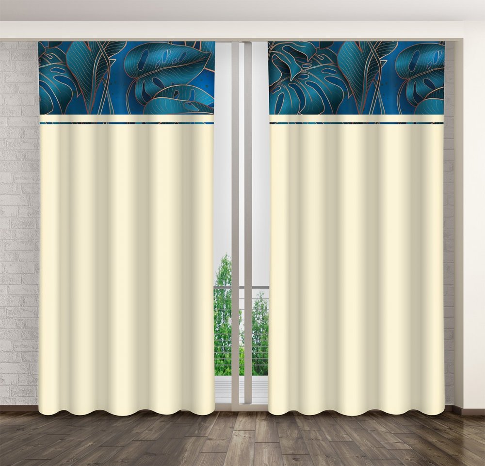 Elegantnýzávesvbéžovejfarbespotlačoutyrkysovýchlistov Elegantnýzávesvbéžovejfarbespotlačoutyrkysovýchlistov