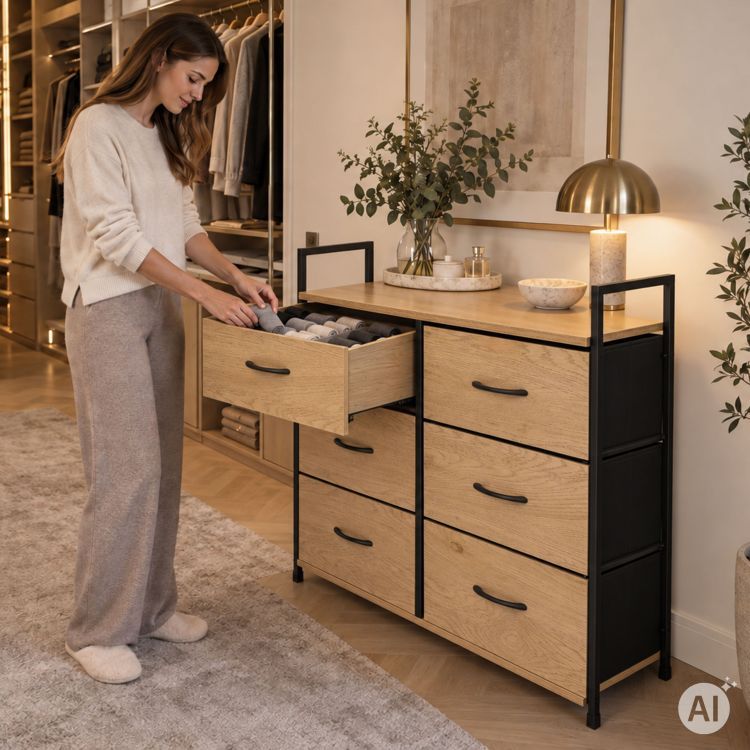 Comodă cu 6 sertare din material textil și cadru metalic 87 x 80 x 24 cm