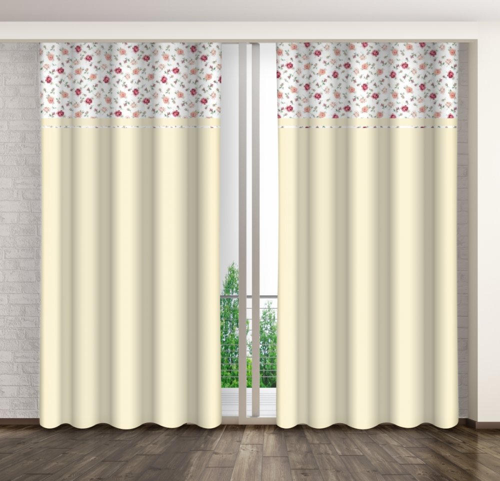 Krémszínű dekoratív függöny rózsaszín és piros rózsákkal nyomtatva Szélesség: 160 cm | Hossz: 270 cm
