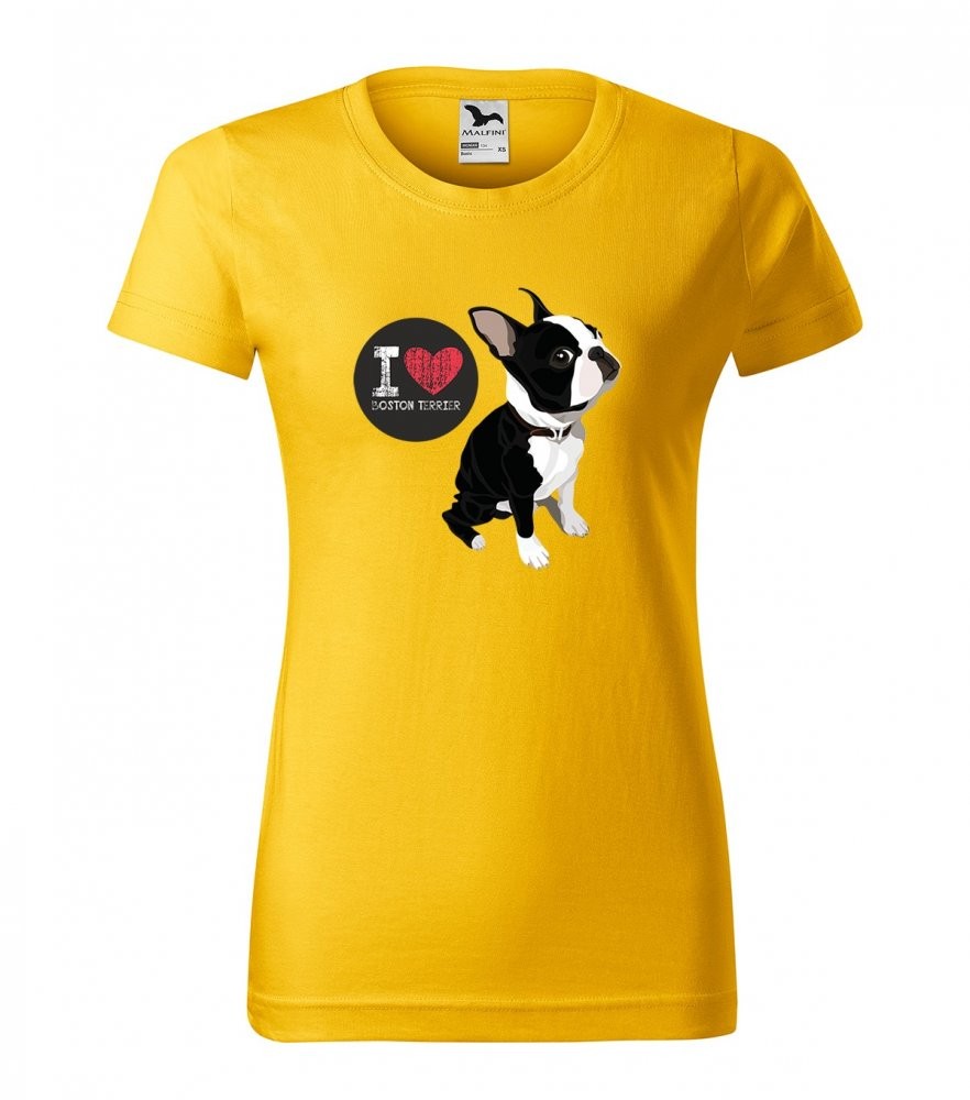 Stylové dámské tričko s potiskem pro milovnice plemene bostonský teriér Žlutá S