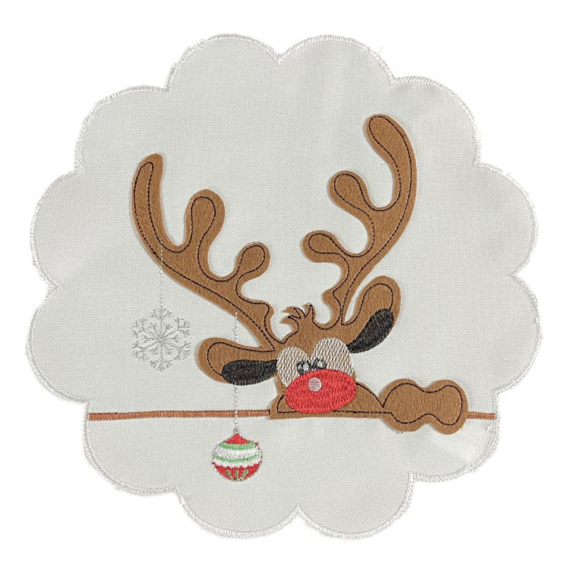 Vánoční kulatý ubrus bílý s nášivkou soba 30 cm