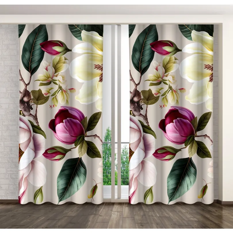 Cortină decorativă crem cu flori de magnolie Lățime: 160 cm | Lungime: 250 cm
