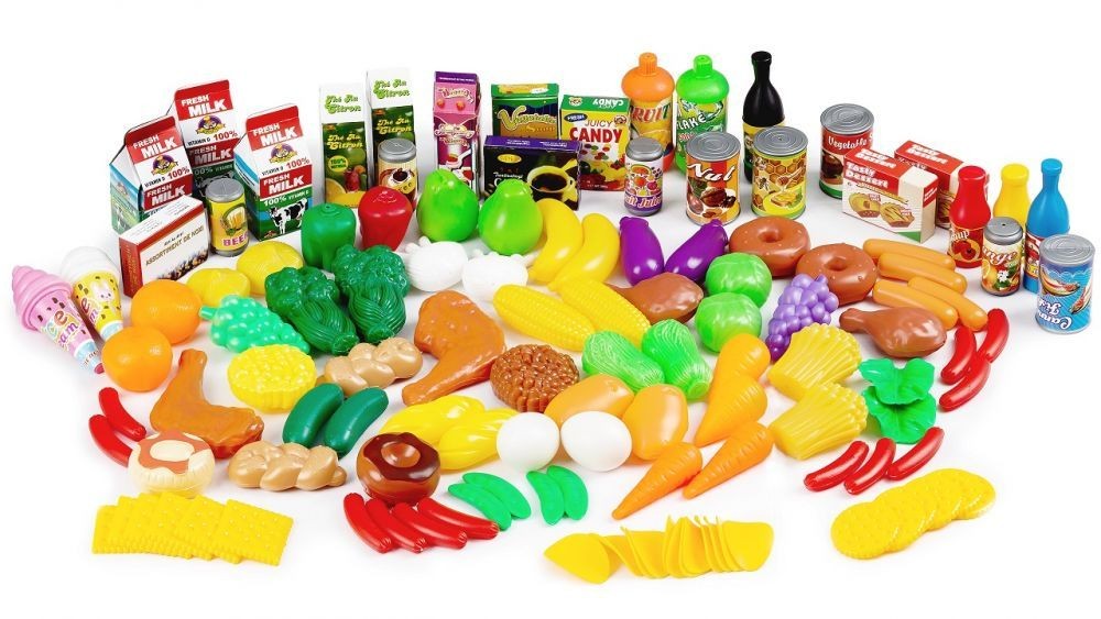 Set din plastic de 120 de elemente pentru bucătăria sau micul magazin al copiilor