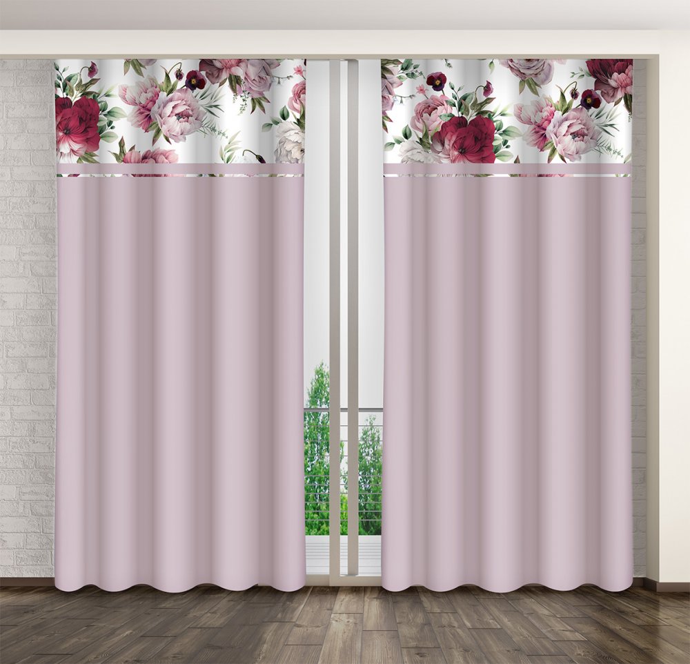 Egyszerű világos lila függöny rózsaszín és bordó bazsarózsák nyomtatásával Szélesség: 160 cm | Hossz: 270 cm