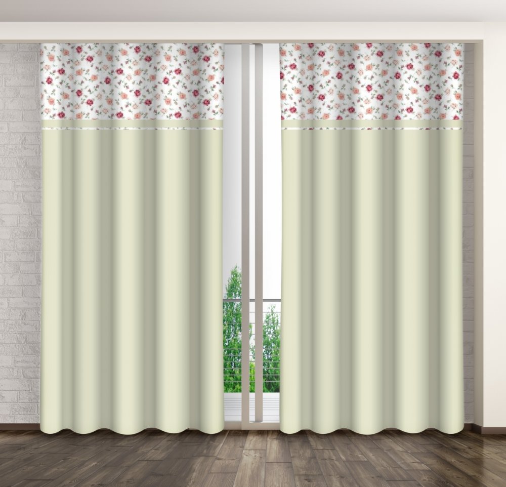 Olajzöld dekoratív függöny rózsaszín és piros rózsákkal nyomtatva Szélesség: 160 cm | Hossz: 270 cm