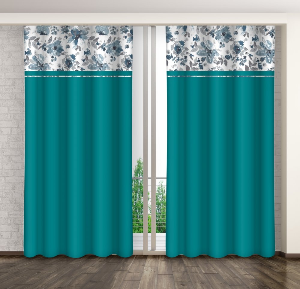 Türkiz dekoratív függöny egyszerű kék virágokkal nyomtatott mintával Szélesség: 160 cm | Hossz: 250 cm
