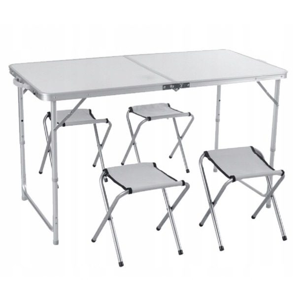 Masă de camping cu 4 scaune în alb 120x60x70 cm
