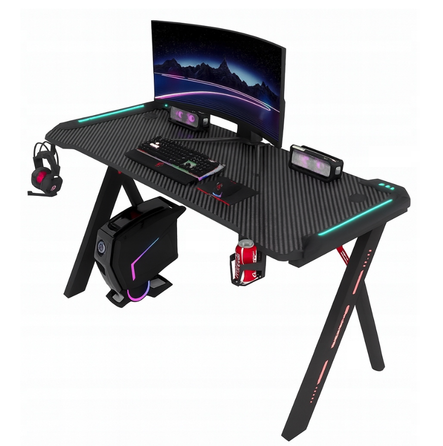 GamingovýstôlsRGBLEDpodsvietenímčiernyŠírka:60cm|Dĺžka:140cm