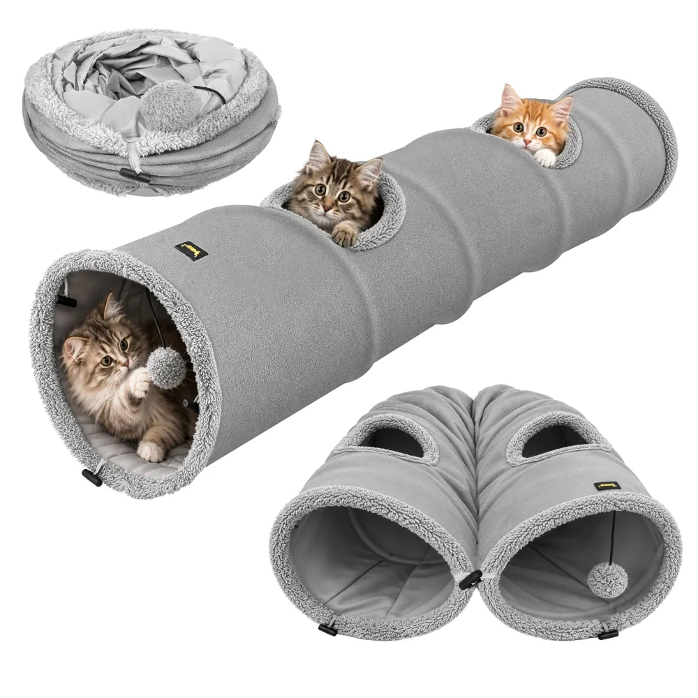 Tunel pentru pisici, de culoare gri, cu o minge – 120 x 25 cm