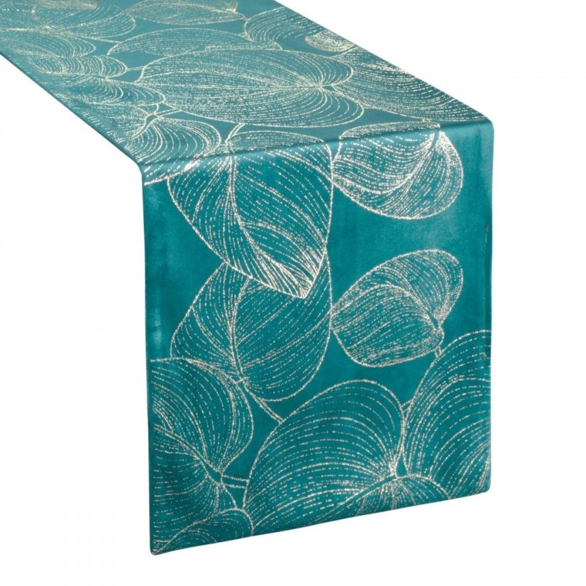Zamatový stredový obrus s lesklou potlačou listov tyrkysovej farby