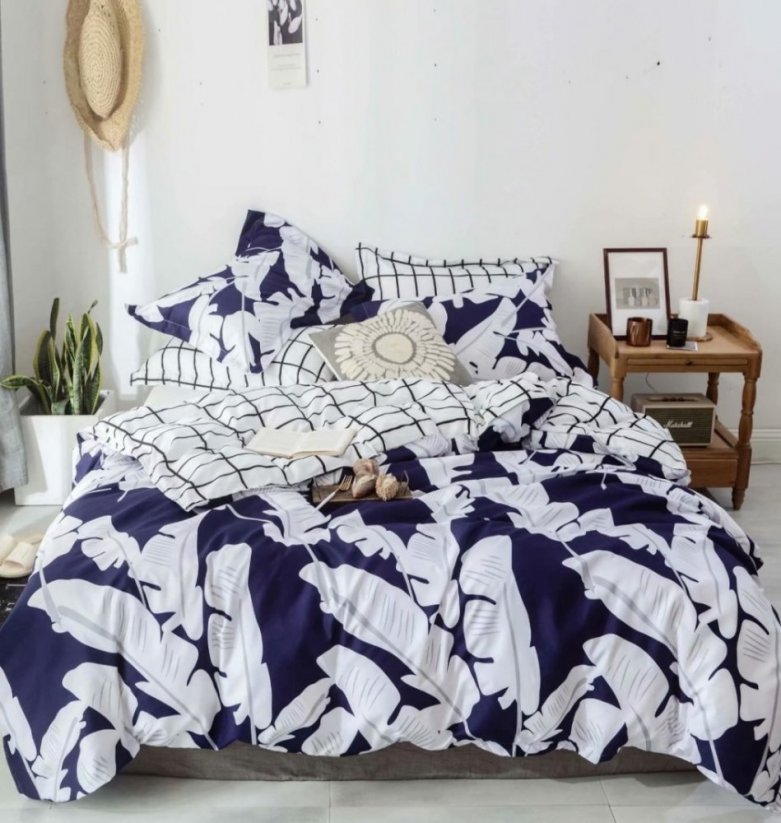 Módne modré obojstranné posteľné obliečky s bielymi listami