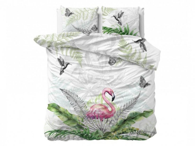 Lenjerie de pat albă cu flamingo 220 x 240 cm