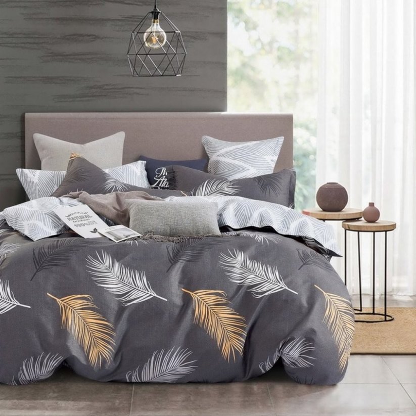 Bavlnené posteľné obliečky s motívom pierok sivej farby