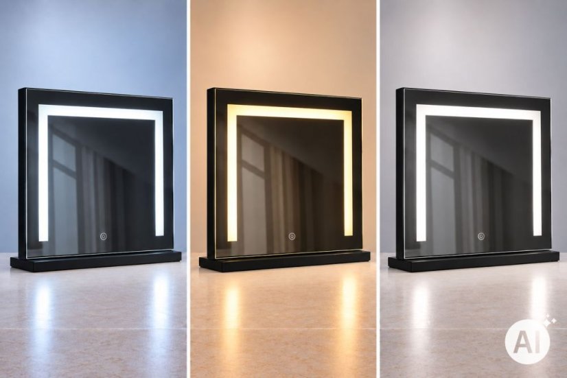 Černé kosmetické zrcátko v hollywoodském stylu s LED osvětlením a dotykovým ovládáním – 50 x 40 cm