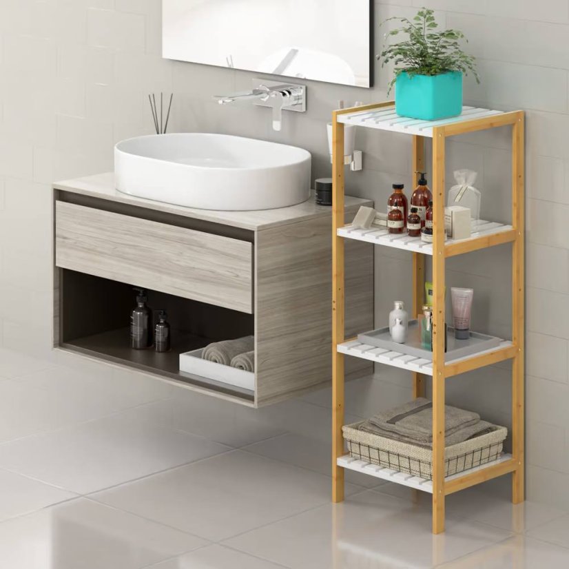 Bambusz polcos állvány 110 x 33 x 34 cm – fehér, 4 polccal
