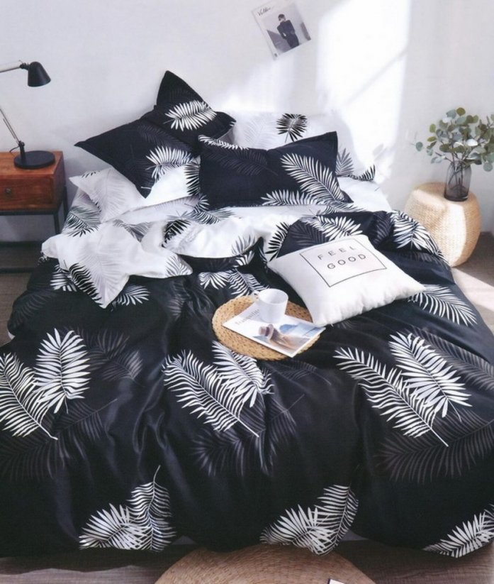 Lenjerie de pat dublă de lux, alb-negru, cu un motiv de frunze