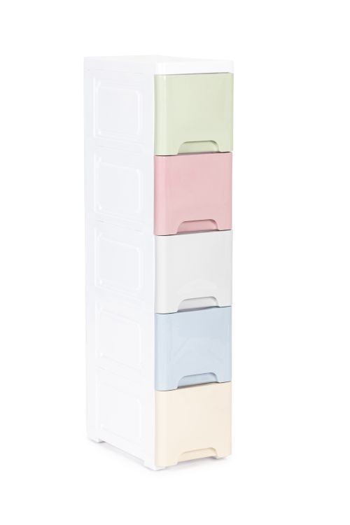 Regál s 5 zásuvkami v krásnych pastelových farbách