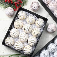 Bijelo-zlatne božićne kuglice s 3D ukrasima – set od 12 komada